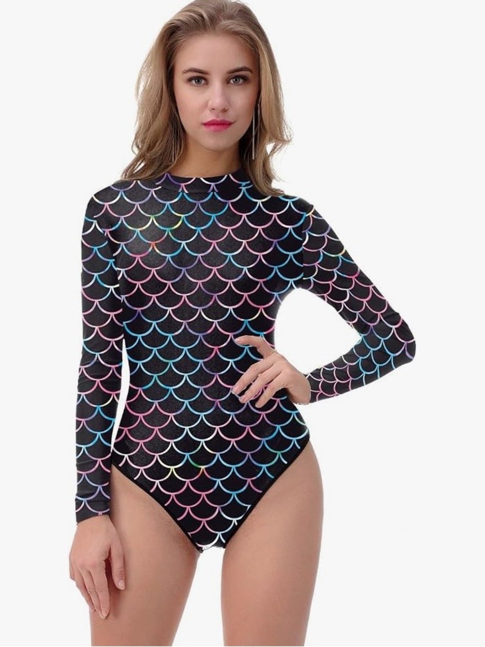 Long-Sleeve Black Mermaid-Scale One-Piece Swimsuit with Iridescent Print